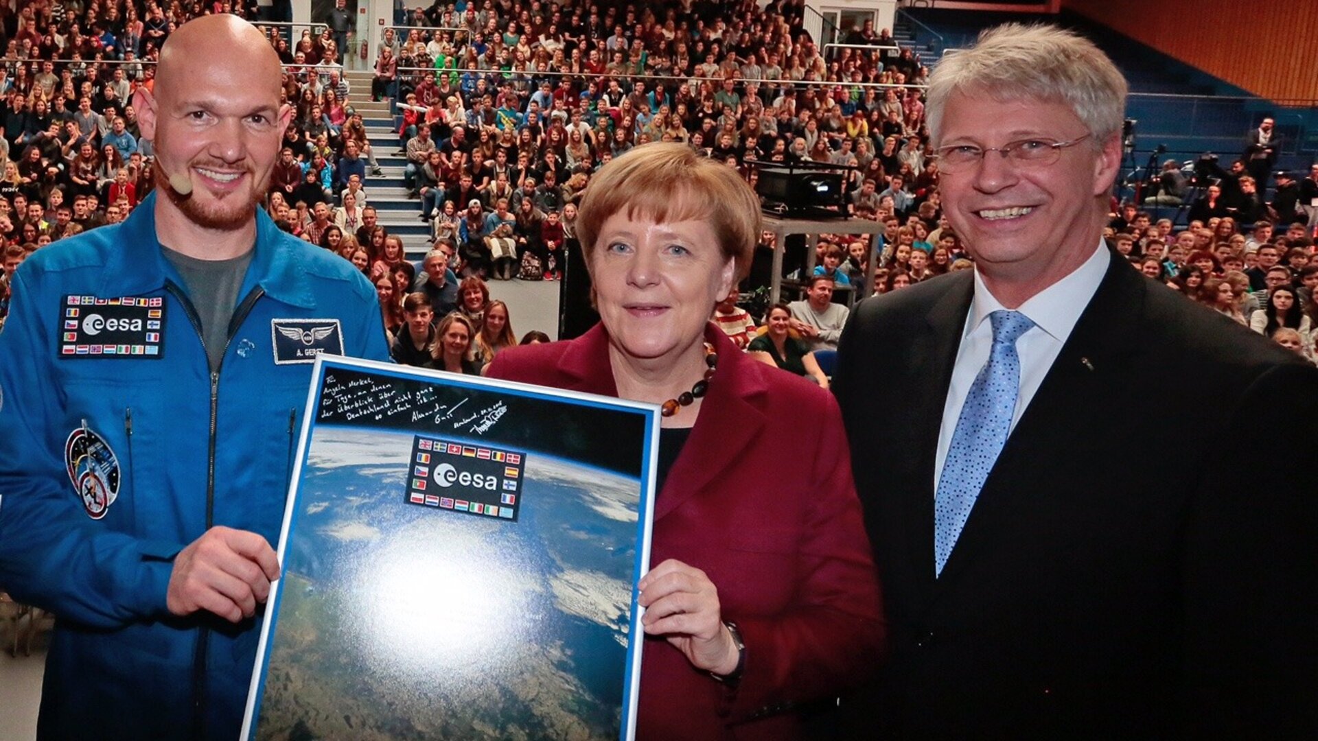 German Chancellor Angela Merkel with ESA's  Alexander Gerst and Thomas Reiter