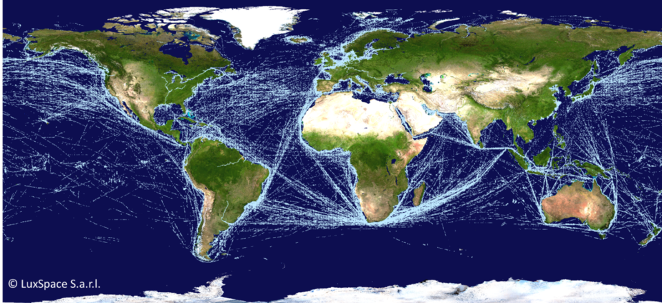 Map of global ship traffic based on satellite detection of signals that all ships transmit to enable the tracking of maritime traffic. This is the ocean equivalent of air traffic control.