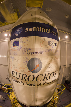 The Sentinel-3A logo has been applied to the Rockot fairing