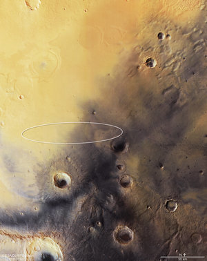 Mars Express image of Schiaparelli’s landing site – with ellipse
