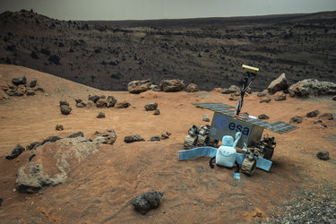 Rover and toy Rosetta in Mars Yard