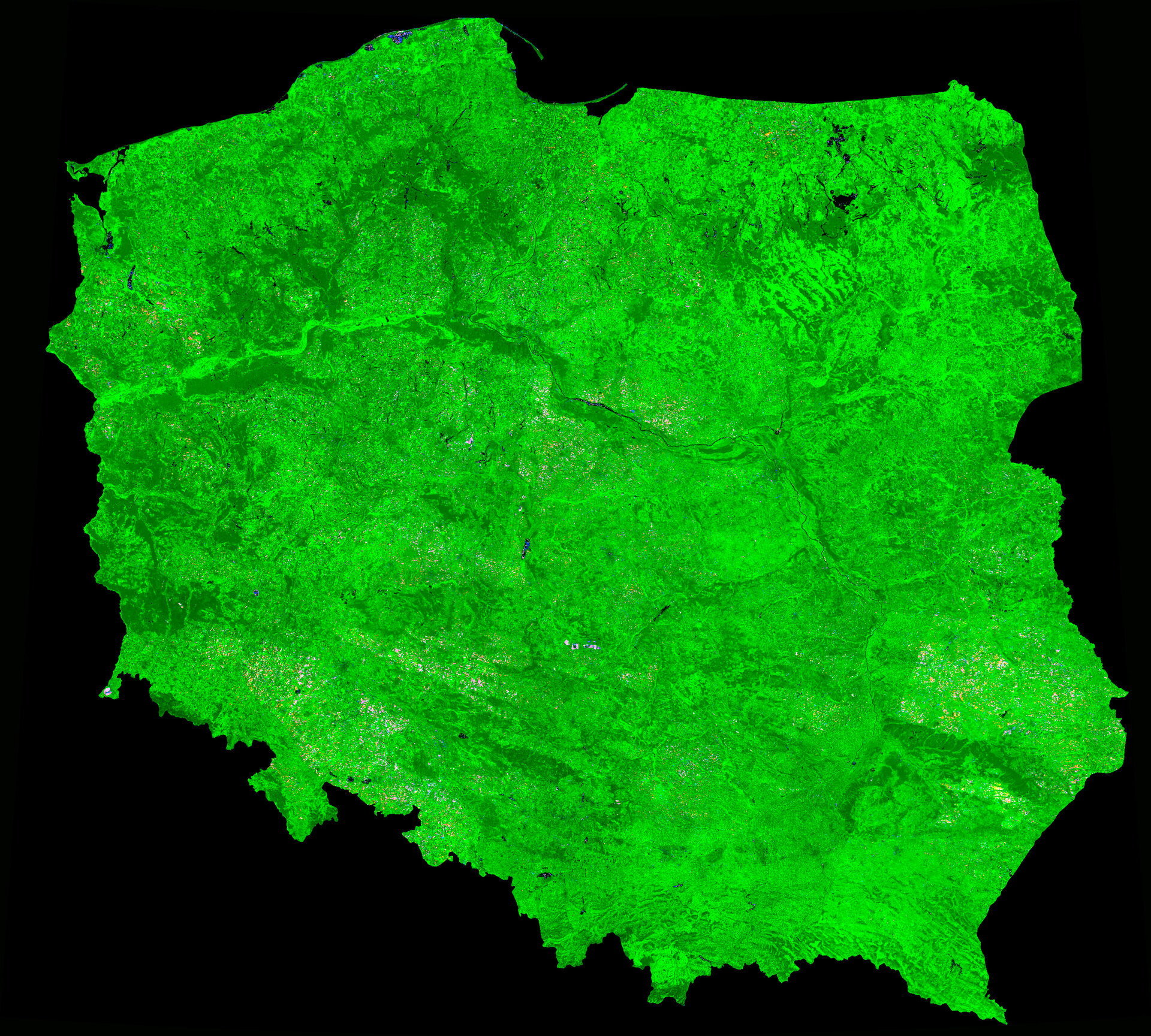 A cloud-free image of Poland, acquired by ESA's Proba-V satellite