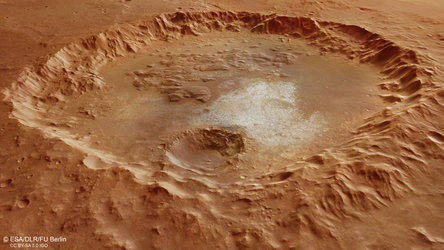 Perspective view across a crater in Erythraeum Chaos
