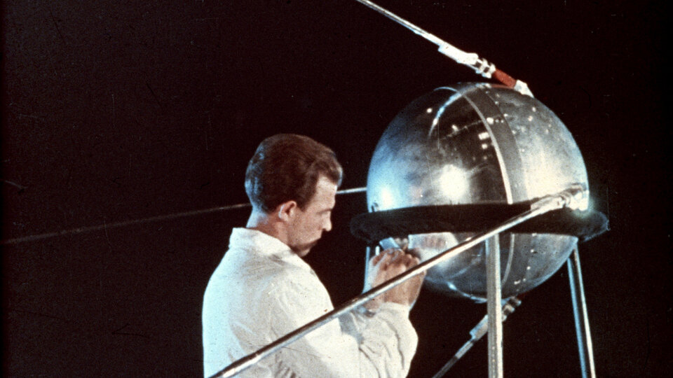 Technician working on Sputnik-1, 1957