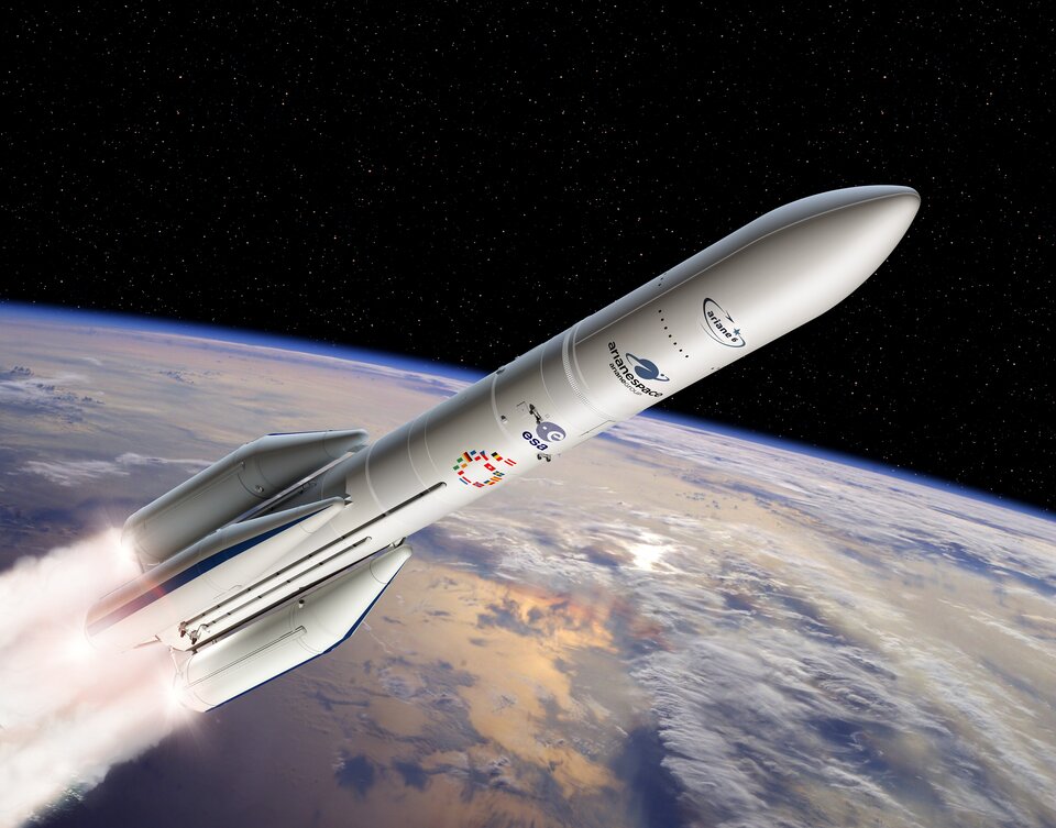 Vue d’artiste d‘Ariane 6 en configuration 4 boosters (A64)