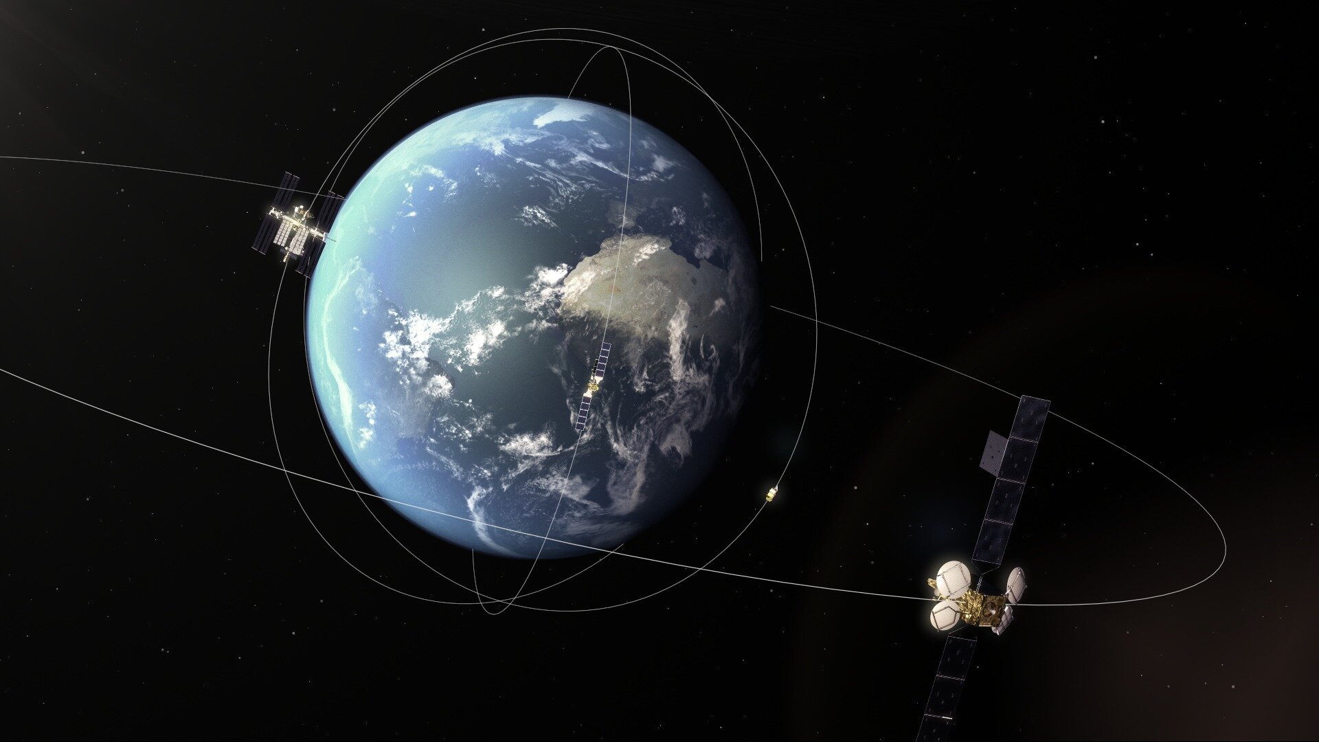 Geostationary EDRS-A over three lower orbiting satellites