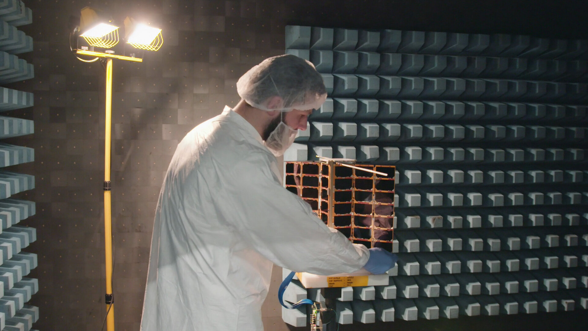Pioneer Spire nanosatellite in RF test chamber