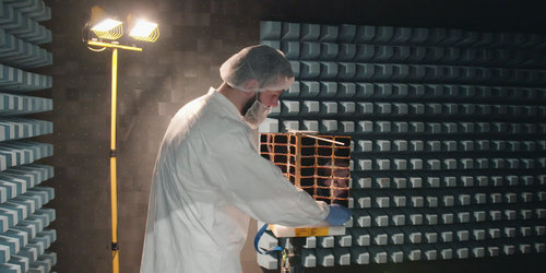 Pioneer Spire nanosatellite in RF test chamber