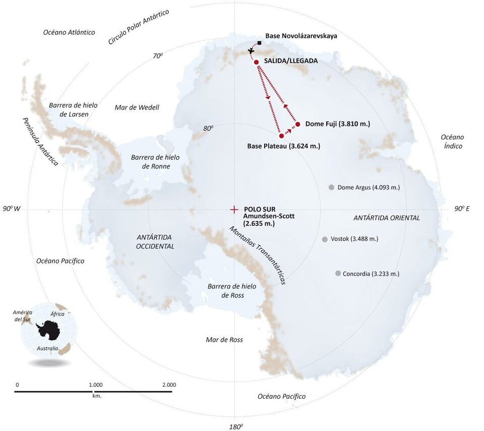 Mapa de la expedición 2018-19 Antártida Inexplorada