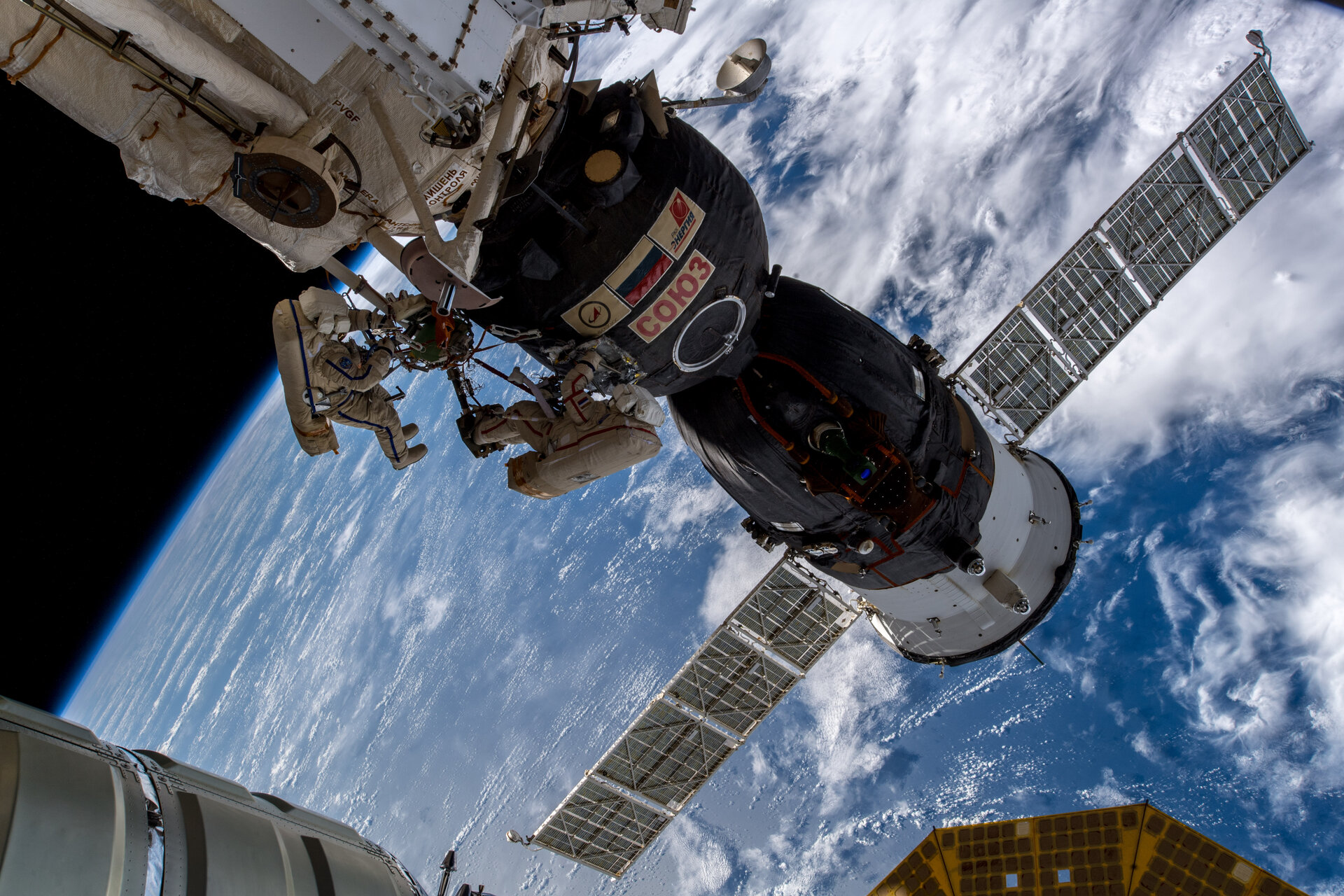 Soyuz MS-09 during spacewalk