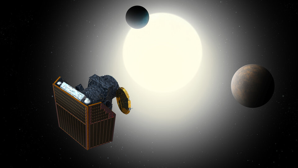 Künstlerische Darstellung von Cheops und einem Exoplanetensystem 