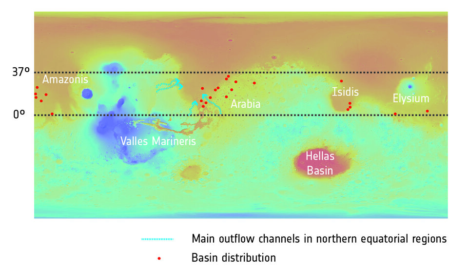 Distribución de las antiguas cuencas fluviales en Marte 