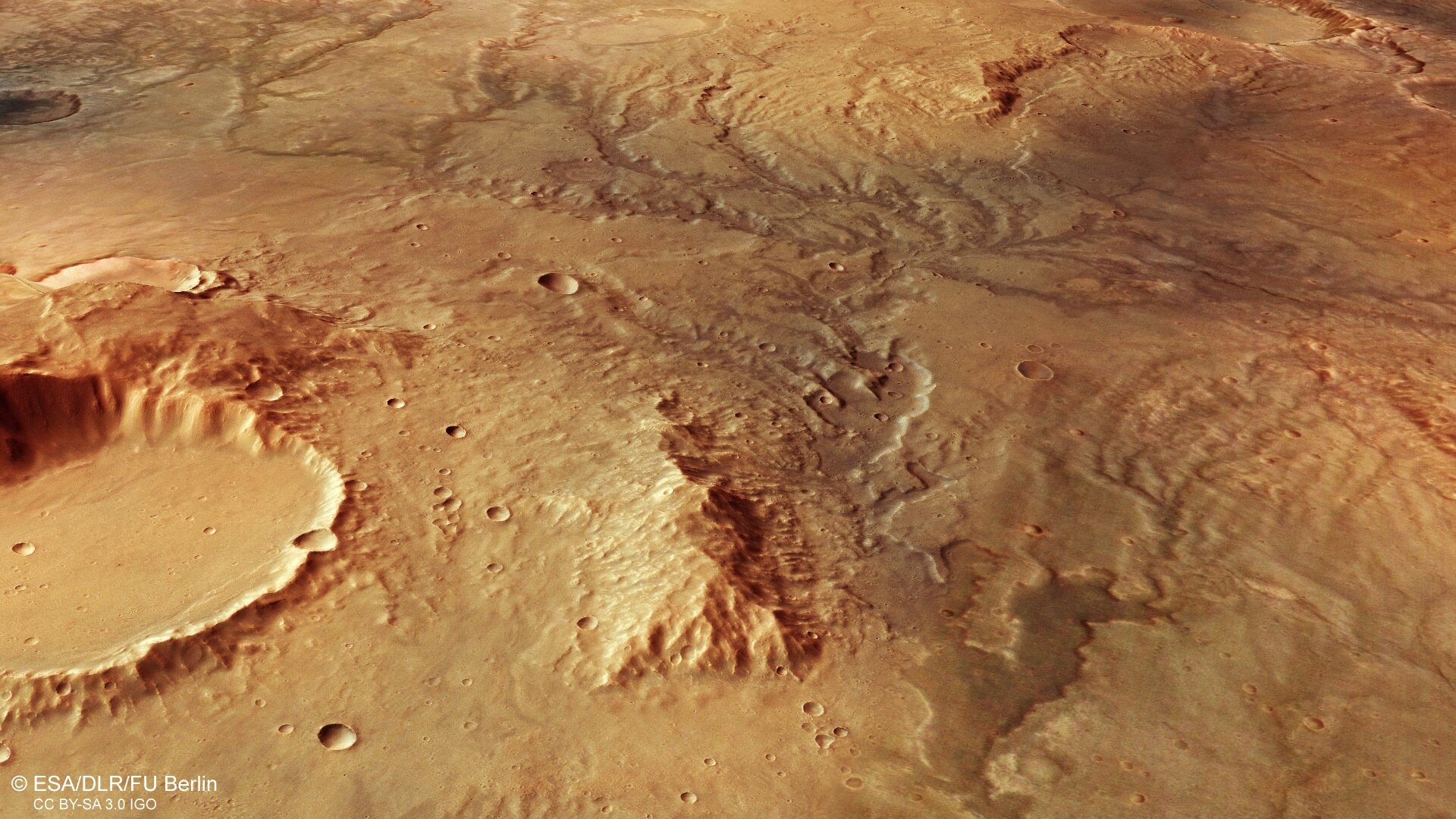Perspektivní pohled na vyschlou říční síť na Marsu