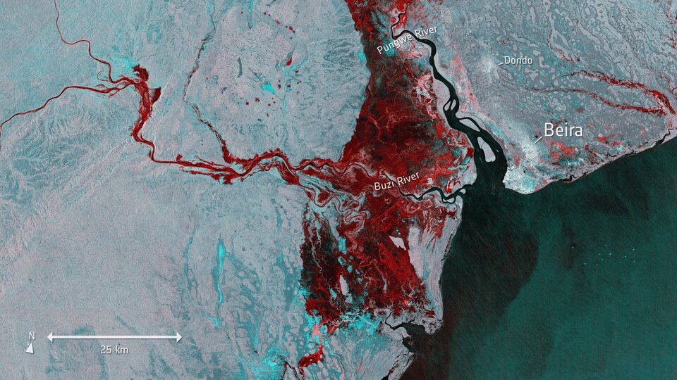 Flooding in Mozambique after Cyclone Idai hit, imaged by the Copernicus Sentinel-1 mission.