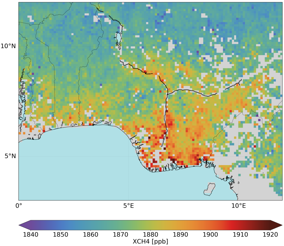 Koncentrace metanu nad mokřady v Nigérii