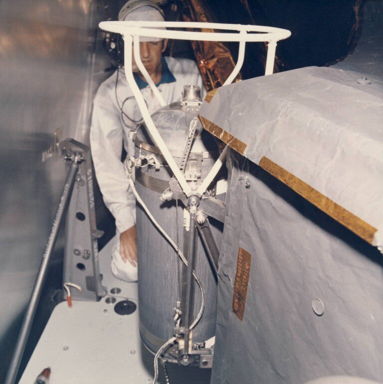 Keith Wright installs fuel cell on Apollo 12 Lunar Module