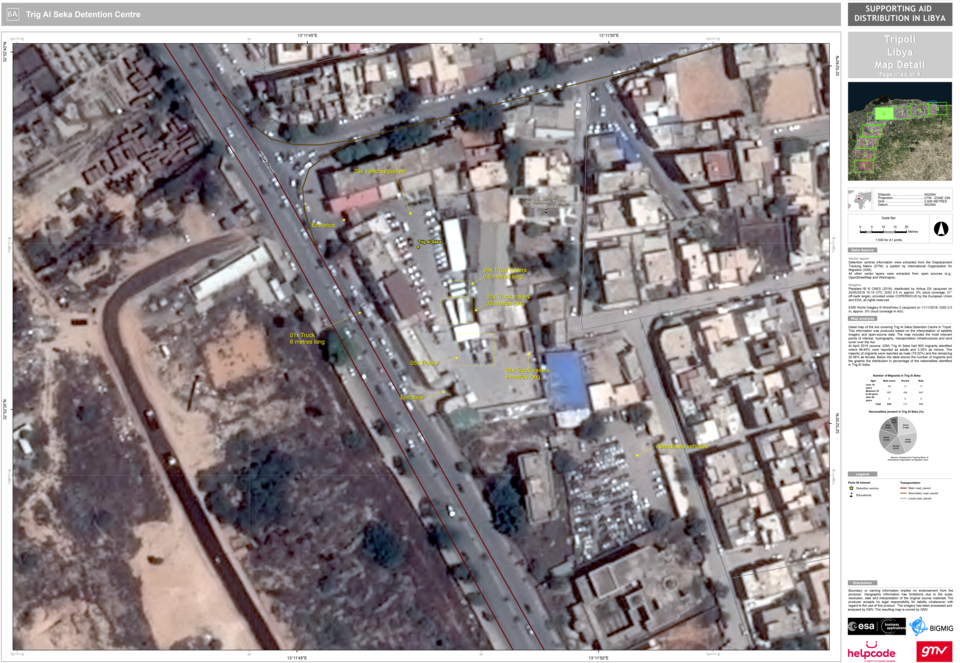 Pléiades-1B imagery capturing truck deliveries at Trig Al Seka Detention Centre in Libya. Analysis delivered to Helpcode by GMV. [Pléiades imagery (24/05/2018), distributed by Airbus. Image analysis and interpretation by GMV (2018) for Helpcode]