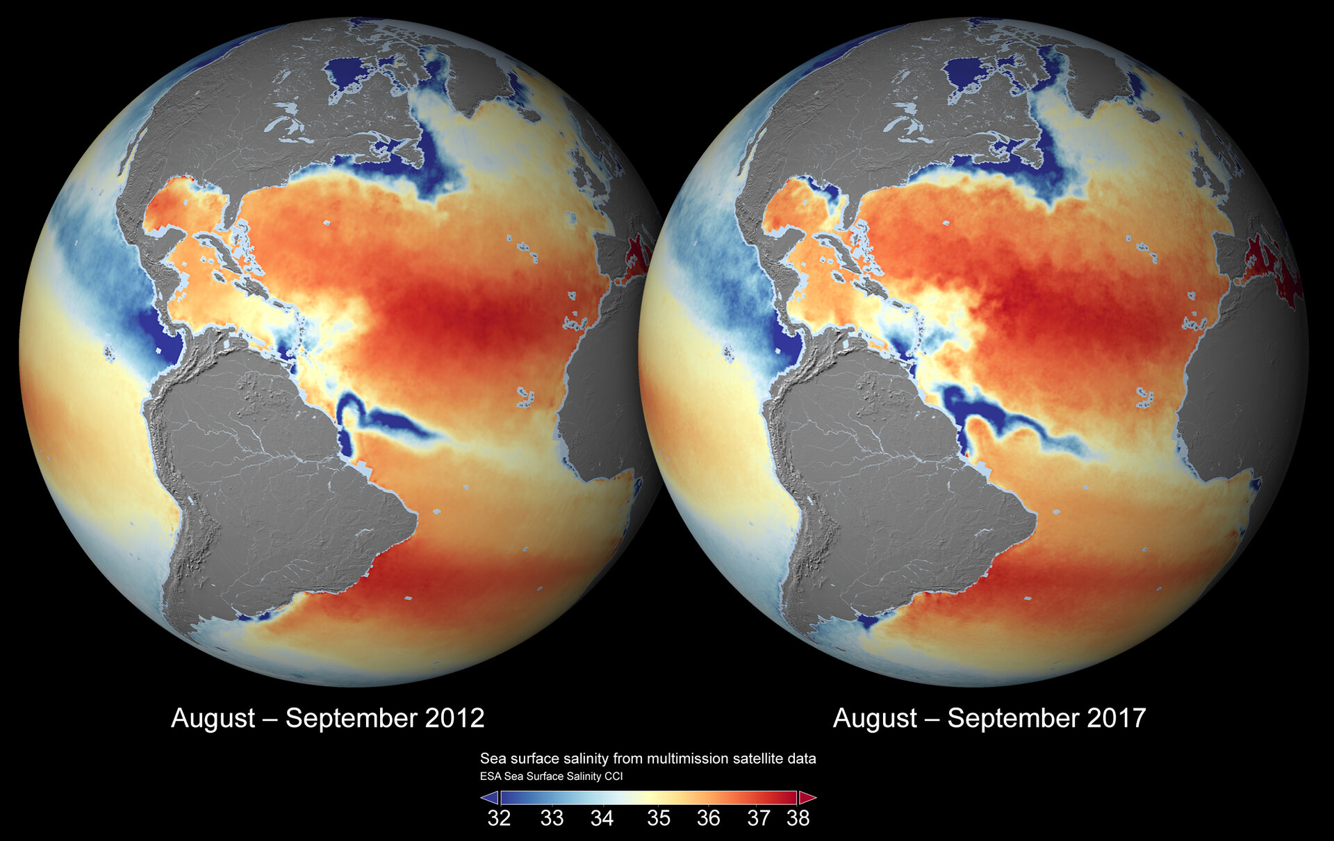 Global sea-surface salinity 2012 and 2017