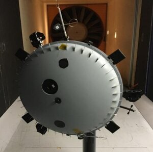 Mock-up of ESA’s Huygens probe in PRISME Laboratory wind tunnel