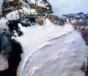 Northwest Greenland is featured in this icy image captured by the Copernicus Sentinel-3 mission.