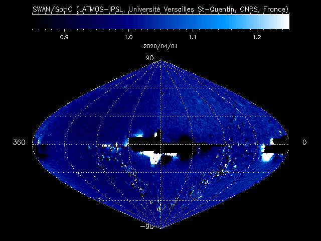 The movement of Comet C/2020 F8 (SWAN) through successive all-sky maps as observed with the SWAN instrument on SOHO during the period from 1 April to 9 May 2020.