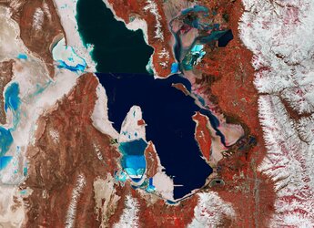 Utah’s Great Salt Lake and its surroundings are featured in this false-colour image captured by the Copernicus Sentinel-2 mission.