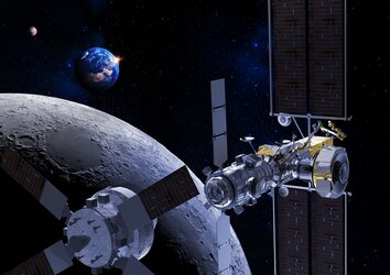 Gateway with Orion docking over Moon