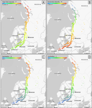 Geomagnetic intensity along migratory paths of white-fronted geese