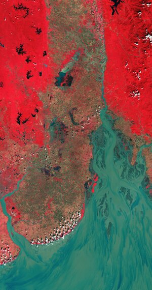The Gulf of Martaban in southern Myanmar is featured in this false-colour image captured by Copernicus Sentinel-2.