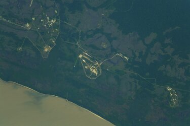 The launch facilities at Europe's Spaceport in French Guiana including the new Ariane 6 launch complex in the centre, are clearly visible from space