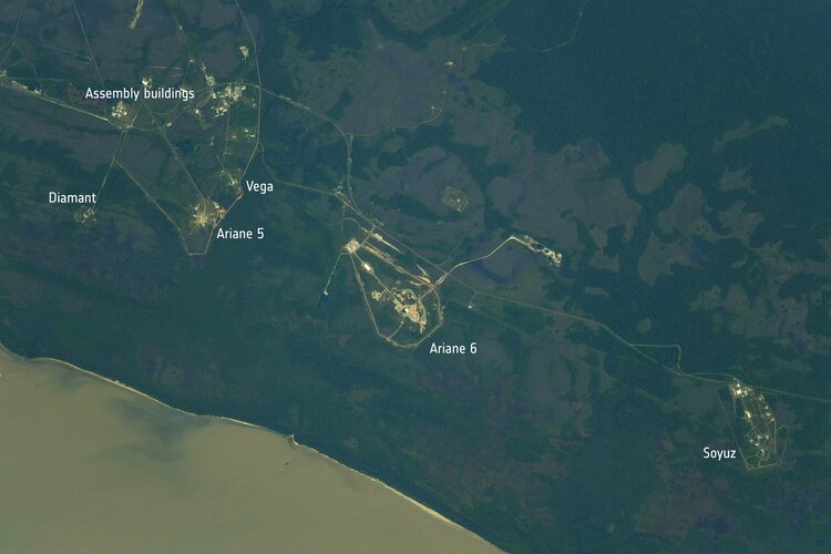 The launch facilities at Europe's Spaceport in French Guiana including the new Ariane 6 launch complex in the centre, are clearly visible from space