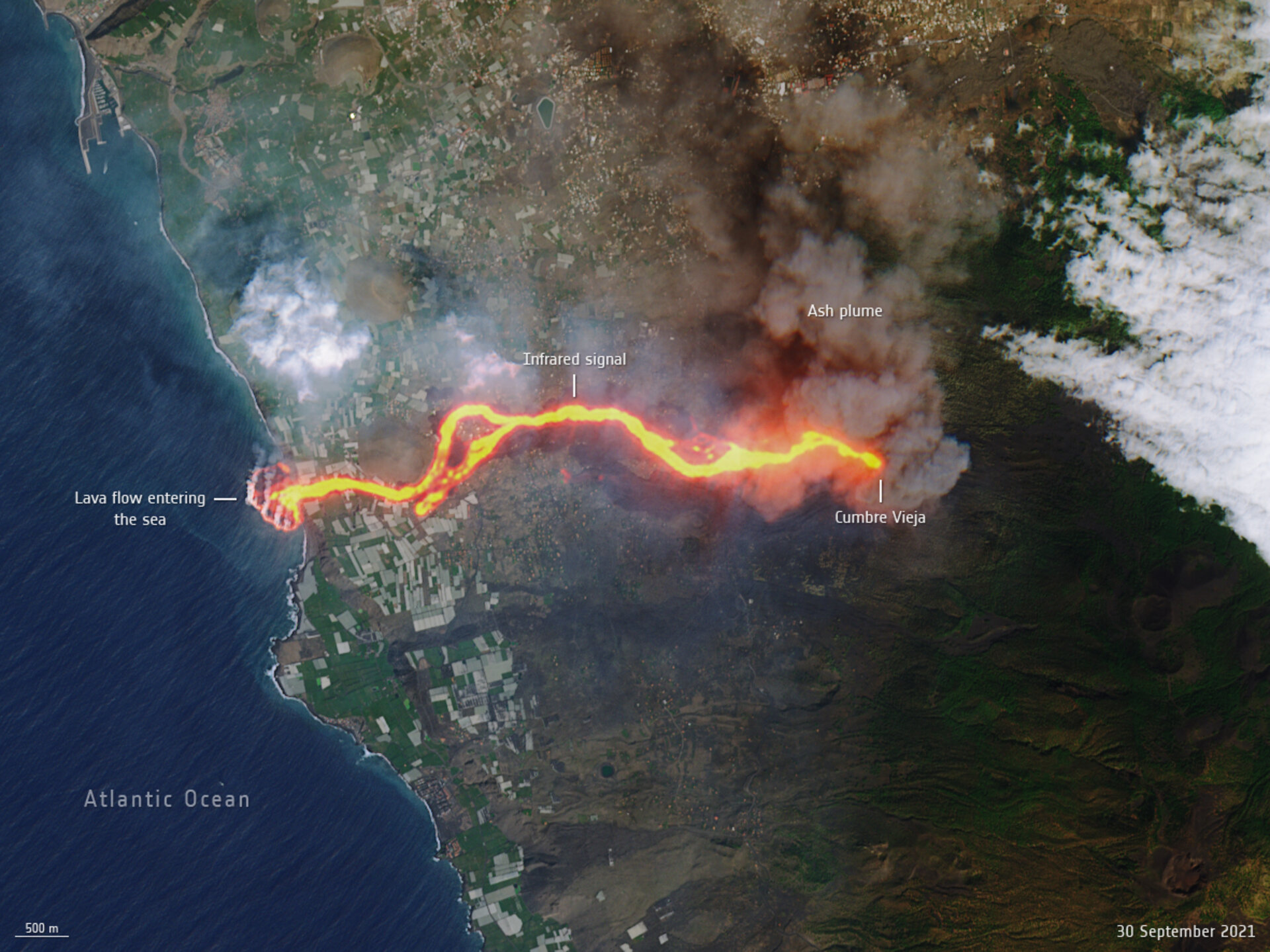 This image, captured by Copernicus Sentinel-2 on 30 September 2021, shows the flow of lava from the volcano erupting on the Spanish island of La Palma.