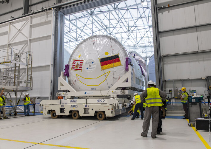 Ariane 6 upper stage inside the assembly building at Europe's Spaceport
