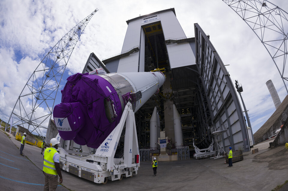 Ariane 6 test model central core arriving at ELA-4 for combined tests, following transfer from the assembly building