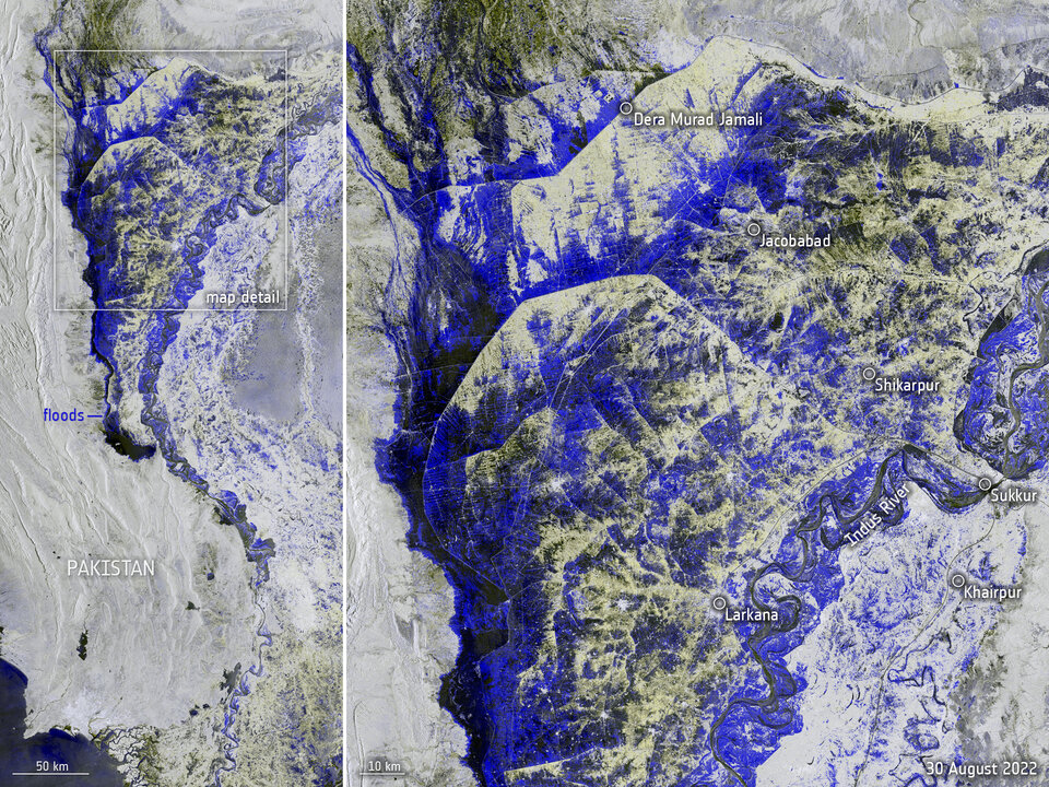 Data captured from space by Copernicus Sentinel-1 on 30 August was used to map the extent of flooding in Pakistan
