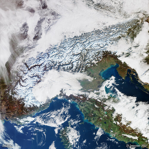 This Copernicus Sentinel-3 image shows the wide-coverage of snowfall in the Alps, which hopefully bodes well for the coming year. 
