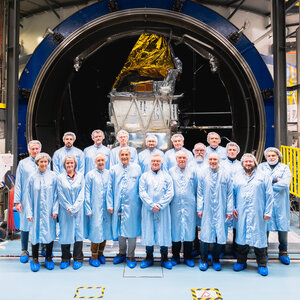 ESA’s EarthCARE team in front of the Large Space Simulator