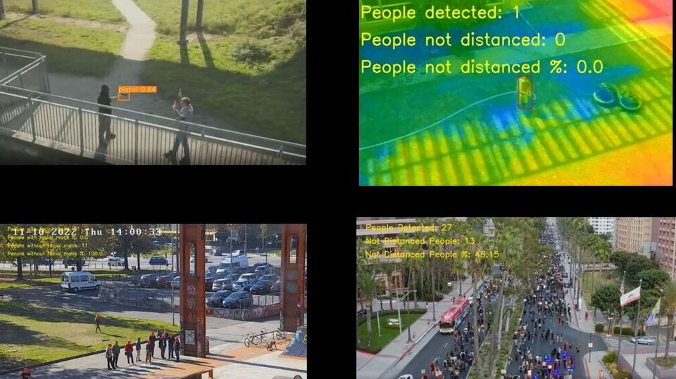 Images from drones' video streaming detecting people, face masks, crowd placement and weapons