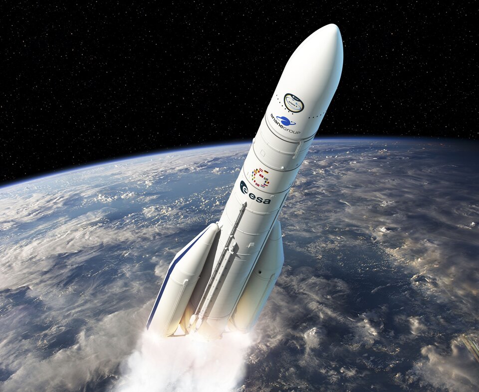 Ariane flying into space with two boosters – artist's impression
