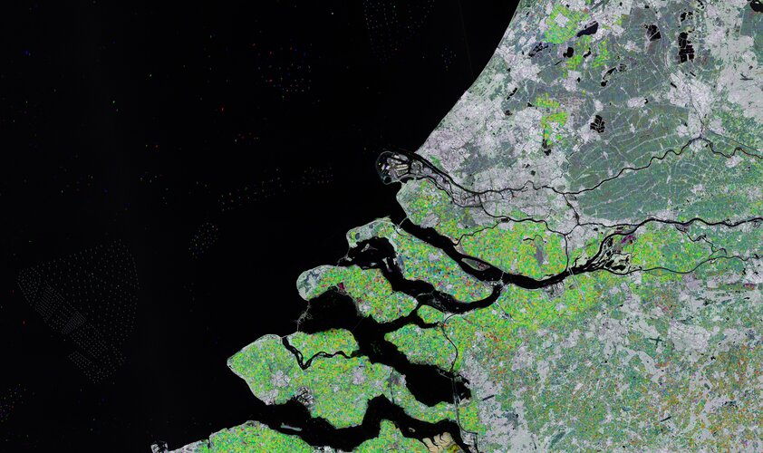 Rotterdam and part of the Zeeland province in southwest Netherlands are featured in this radar image acquired by Copernicus Sentinel-1.