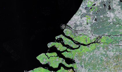Rotterdam and part of the Zeeland province in southwest Netherlands are featured in this radar image acquired by Copernicus Sentinel-1.