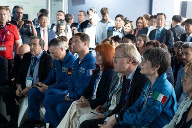 ESA's astronauts with Carole Mundell, ESA's Director of Science, during the ESA/CNES Kick-off Press conference.