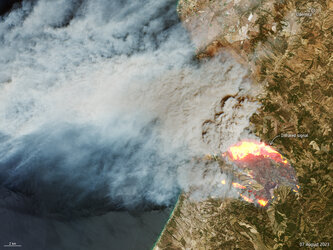 With Portugal in the grip of a heatwave, a wildfire broke out on 5 August south of Odemira in the Alentejo region in southern Portugal. This image, captured by the Copernicus Sentinel-2 satellite mission, shows the fire on 7 August. 