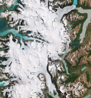 Part of the Southern Patagonian Ice Field with its white glaciers and aquamarine lakes is featured in this Copernicus Sentinel-2 image from 10 January 2023.