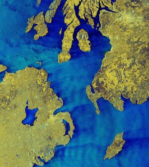 The North Channel, between Northern Ireland and Scotland, is featured in this false-colour radar image from the Copernicus Sentinel-1 mission.