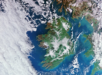 The lush landscape of the island of Ireland and the coasts of Scotland, Wales and England, are pictured in this view from the Copernicus Sentinel-3 mission.