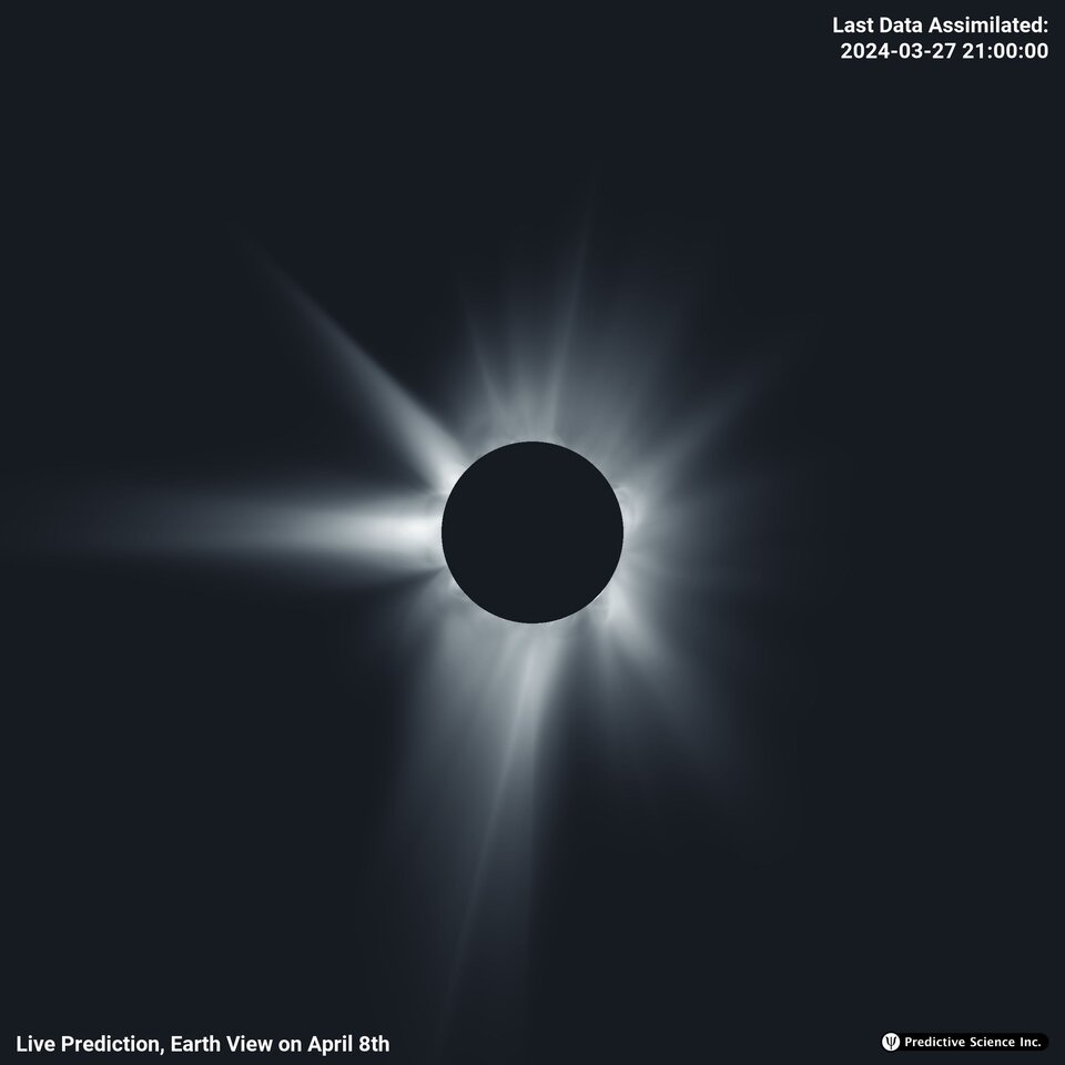 Predictive Sciences Inc. prediction of the 8 April total solar eclipse, as of 28 March 2024