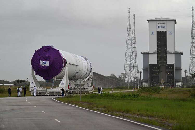 Ariane 6 central core on the road to the launch pad